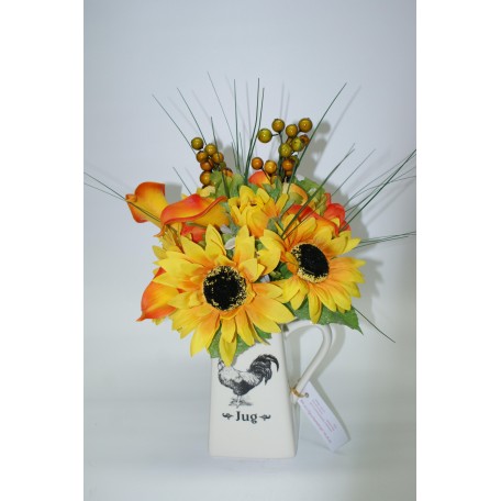 Large Ceramic Jug with Yellow Sunflowers, Lillies and Berries